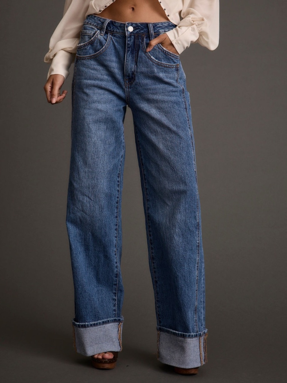 12th Tribe Wide Straight Leg Jeans in Medium Blue Denim